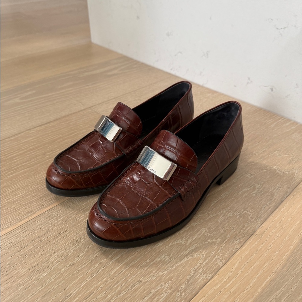 rag & bone Brown Croc-Embossed Loafers with Silver Detail